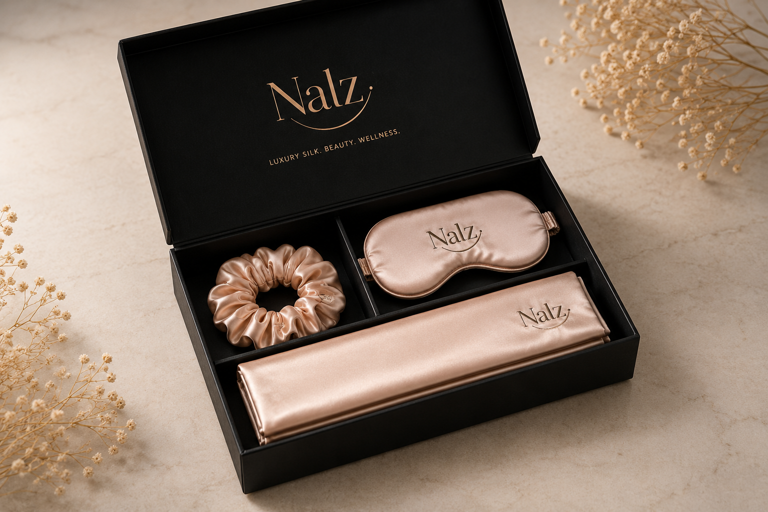 Nalz Beauty Sleep Gift Box — silk pillowcase, sleep mask and scrunchie in a black rigid box with gold wordmark