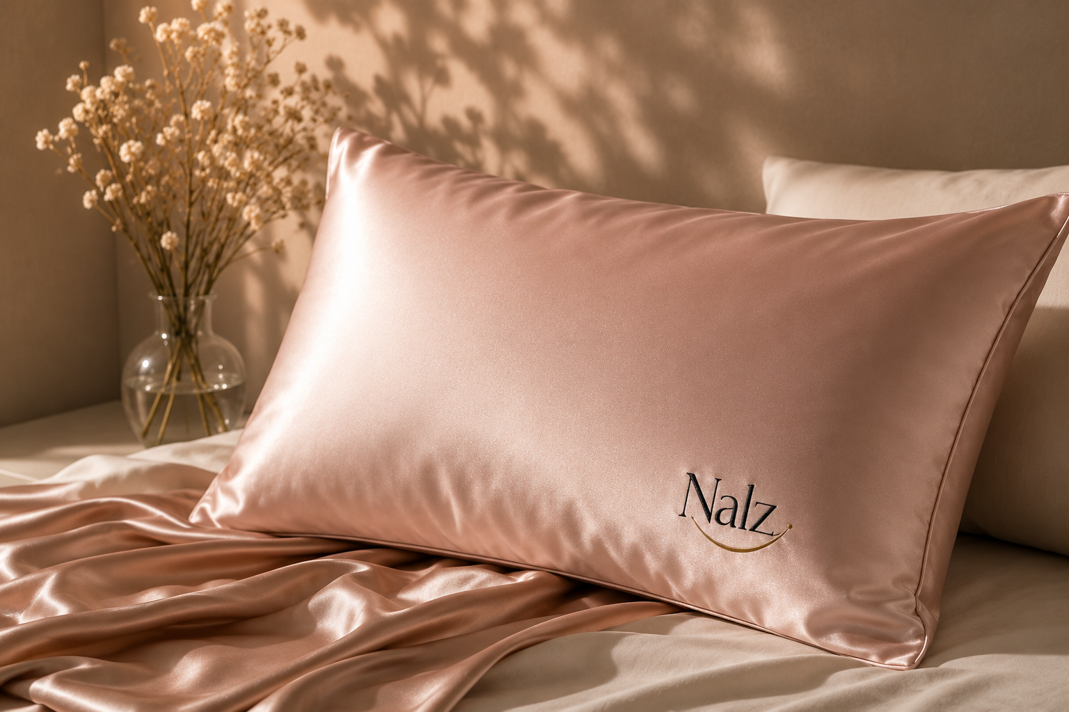 Nalz signature silk pillowcase in blush, photographed on linen bedding in editorial natural light
